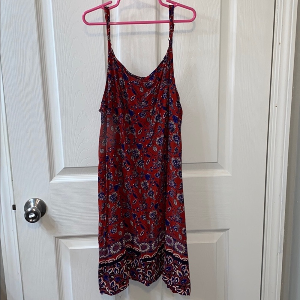 Red with white and blue floral pattern dress